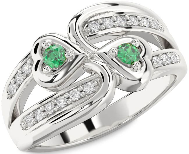 Diamond Emerald Silver Heart Two Stone Birthstone Ring