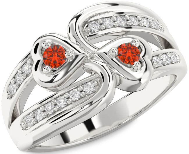 Diamond Fire Opal Silver Heart Two Stone Ring