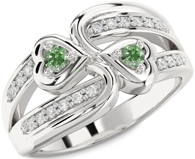 Green Diamond Silver Heart Two Stone Ring