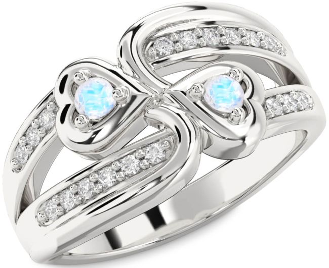 Diamond Moonstone Silver Heart Two Stone Ring