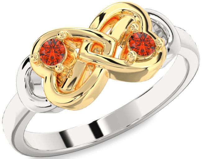Fire Opal Gold Silver Infinity Heart Two Stone Ring