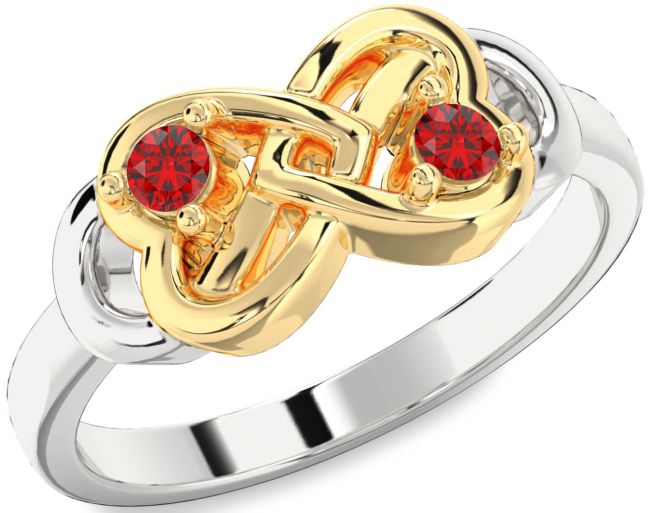 Ruby Gold Silver Infinity Heart Two Stone Birthstone Ring
