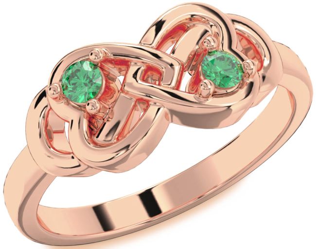 Emerald Rose Gold Infinity Heart Two Stone Birthstone Ring