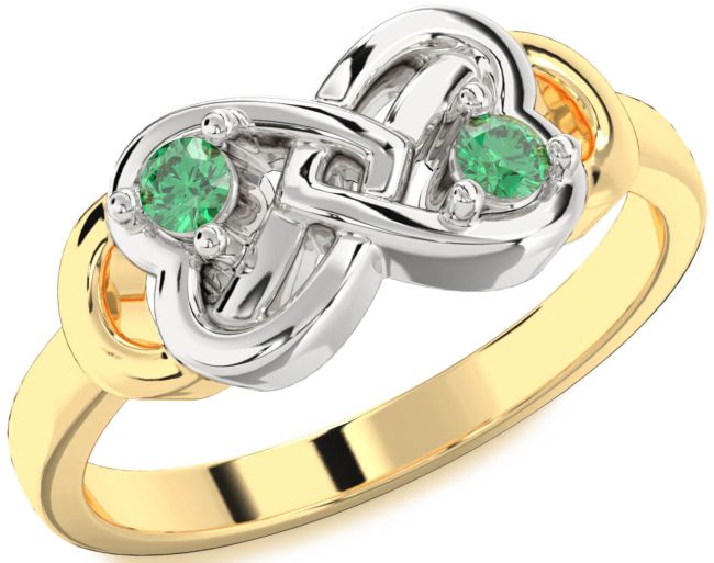 Emerald Gold Silver Infinity Heart Two Stone Birthstone Ring