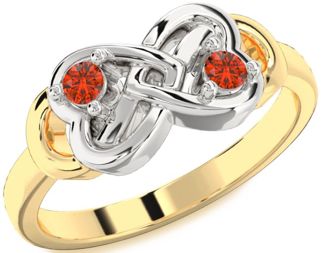 Fire Opal Gold Silver Infinity Heart Two Stone Ring