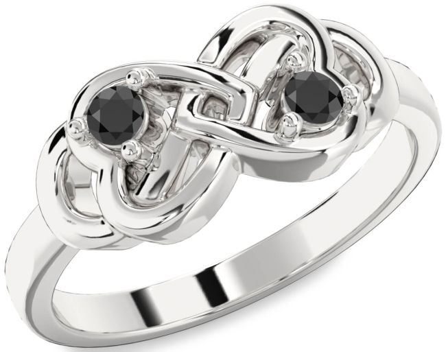 Black Onyx Silver Infinity Heart Two Stone Ring