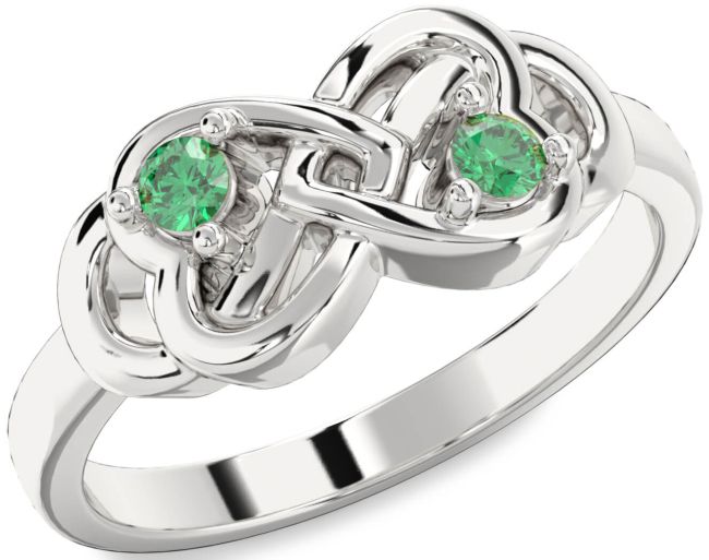 Emerald Silver Infinity Heart Two Stone Birthstone Ring