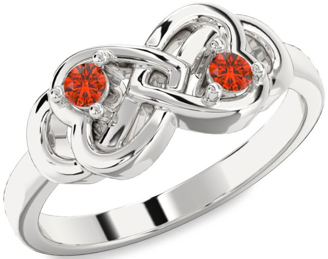 Fire Opal Silver Infinity Heart Two Stone Ring