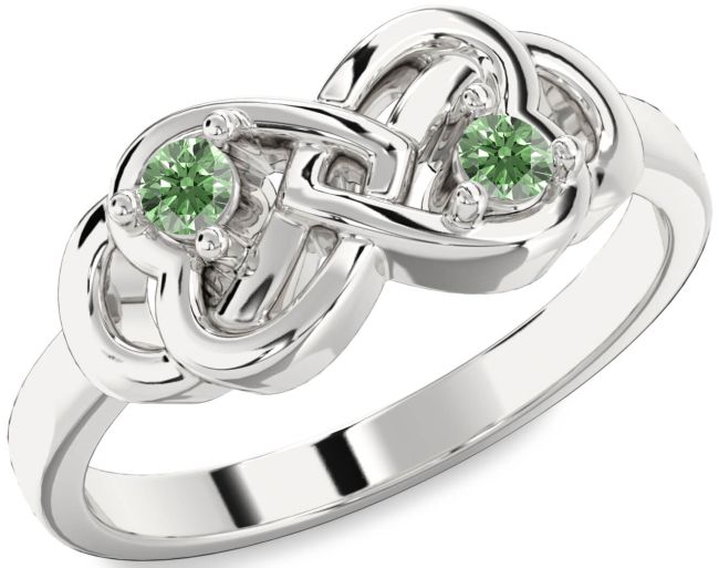 Green Diamond Silver Infinity Heart Two Stone Ring