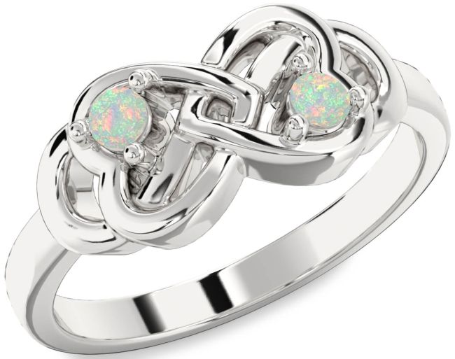 Opal Silver Infinity Heart Two Stone Birthstone Ring