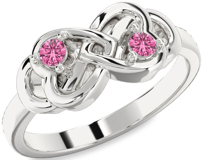 Pink Sapphire Silver Infinity Heart Two Stone Ring