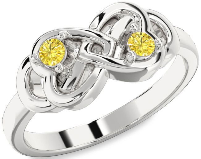 Yellow Diamond Silver Infinity Heart Two Stone Ring