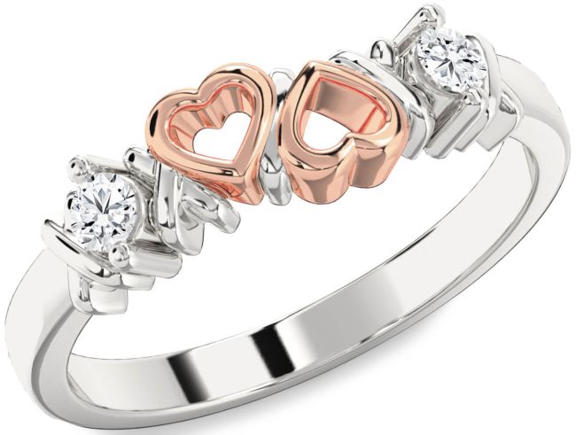 Diamond Rose Gold Silver Heart Two Stone Ring