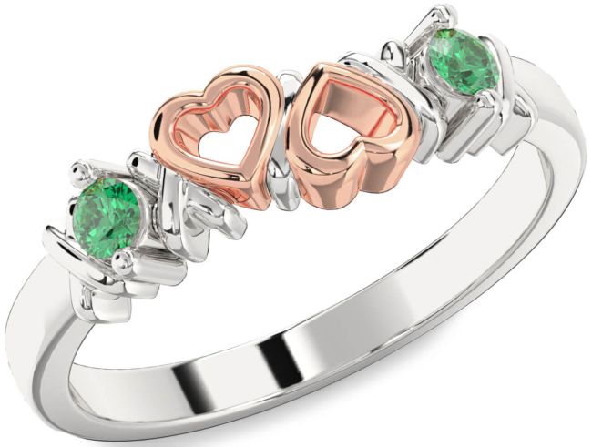 Emerald Rose Gold Silver Heart Two Stone Birthstone Ring
