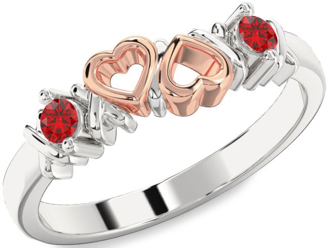 Ruby Rose Gold Silver Heart Two Stone Birthstone Ring