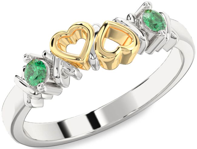 Emerald Gold Silver Heart Two Stone Birthstone Ring