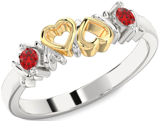 Ruby Gold Silver Heart Two Stone Birthstone Ring