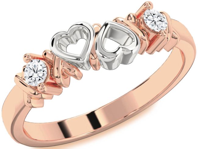 Diamond Rose Gold Silver Heart Two Stone Ring