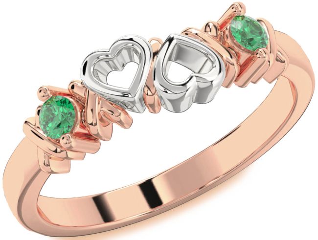 Emerald Rose Gold Silver Heart Two Stone Birthstone Ring