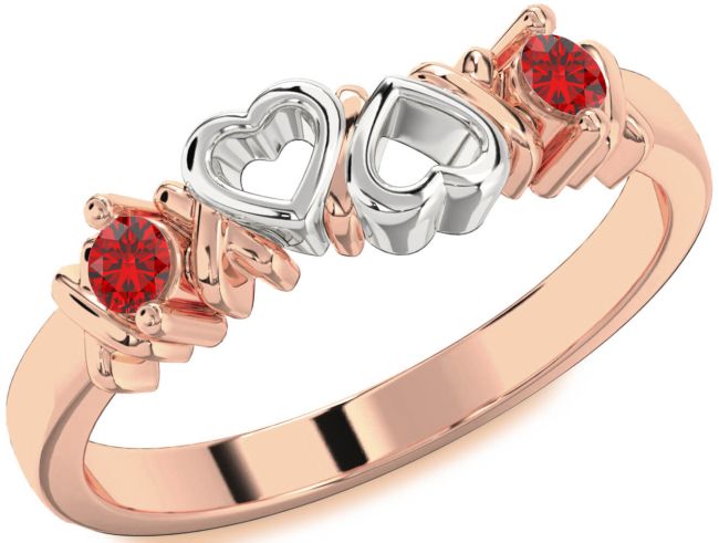 Ruby Rose Gold Silver Heart Two Stone Birthstone Ring