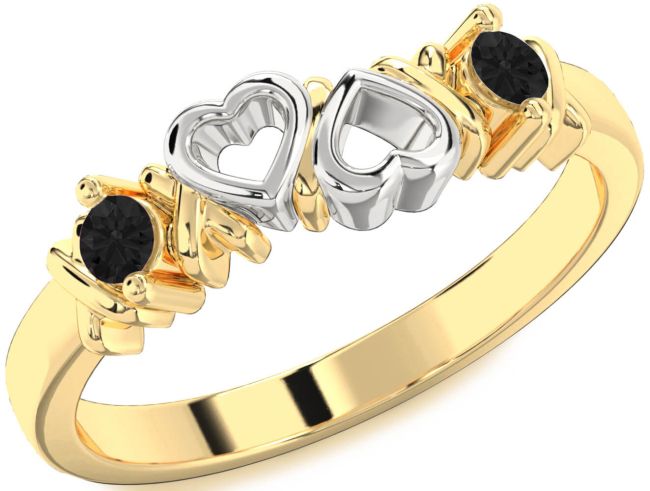 Black Diamond Gold Silver Heart Two Stone Ring