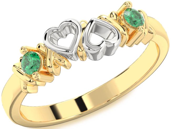 Emerald Gold Silver Heart Two Stone Birthstone Ring