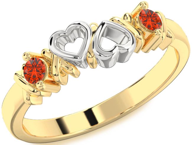 Fire Opal Gold Silver Heart Two Stone Ring