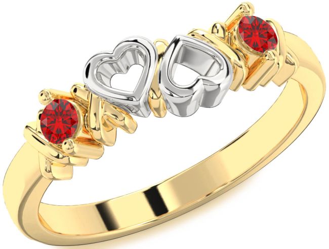Ruby Gold Silver Heart Two Stone Birthstone Ring
