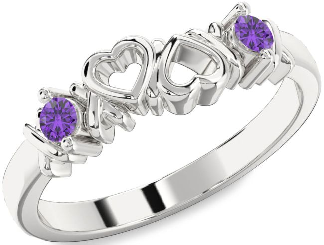 Amethyst Silver Heart Two Stone Birthstone Ring