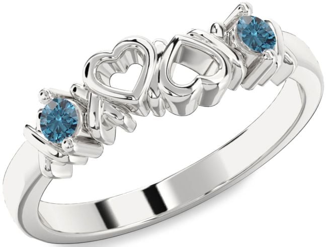 Blue Diamond Silver Heart Two Stone Ring