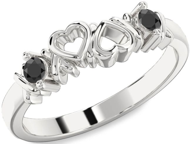 Black Onyx Silver Heart Two Stone Ring