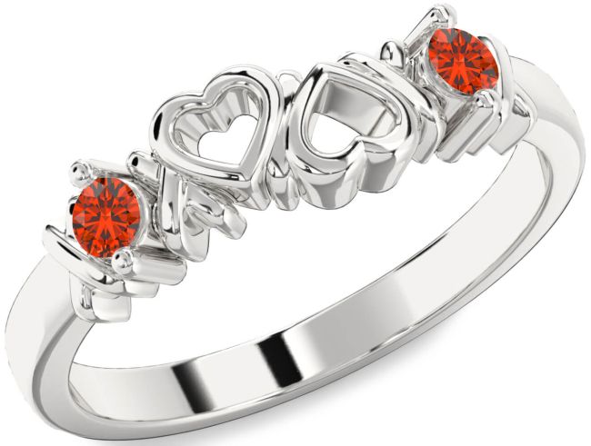 Fire Opal Silver Heart Two Stone Ring