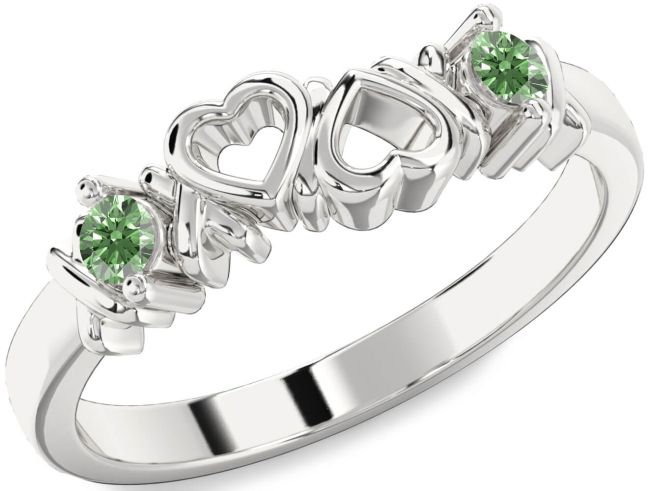 Green Diamond Silver Heart Two Stone Ring
