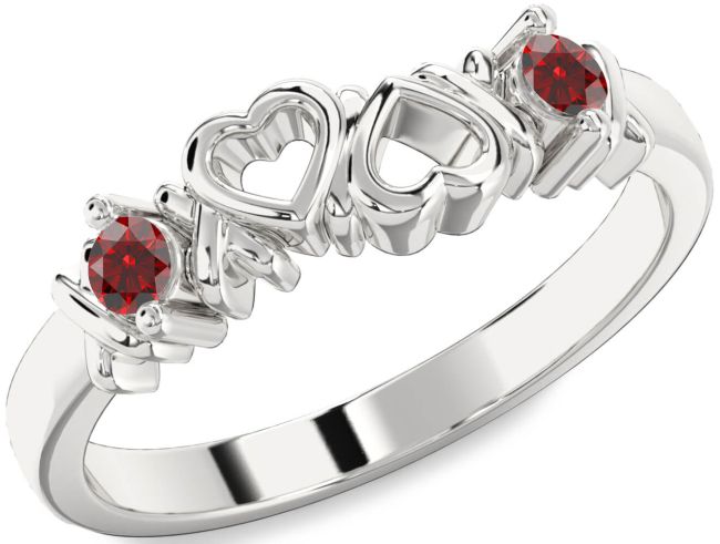Garnet Silver Heart Two Stone Birthstone Ring