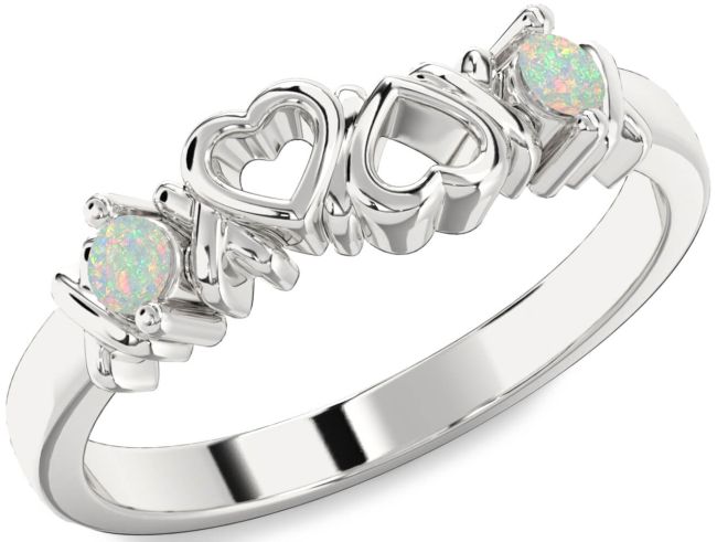 Opal Silver Heart Two Stone Birthstone Ring