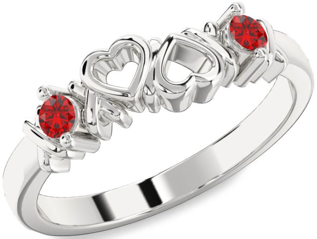 Ruby Silver Heart Two Stone Birthstone Ring
