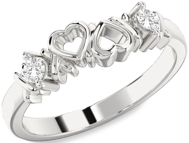 White Sapphire Silver Heart Two Stone Ring