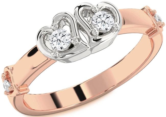 Diamond Rose Gold Silver Heart Two Stone Ring