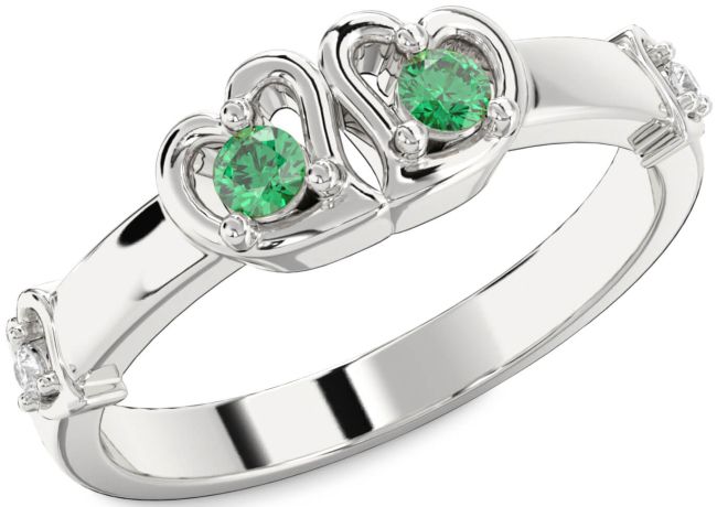 Diamond Emerald Silver Heart Two Stone Birthstone Ring