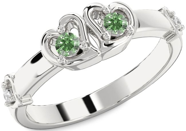 Green Diamond Silver Heart Two Stone Ring