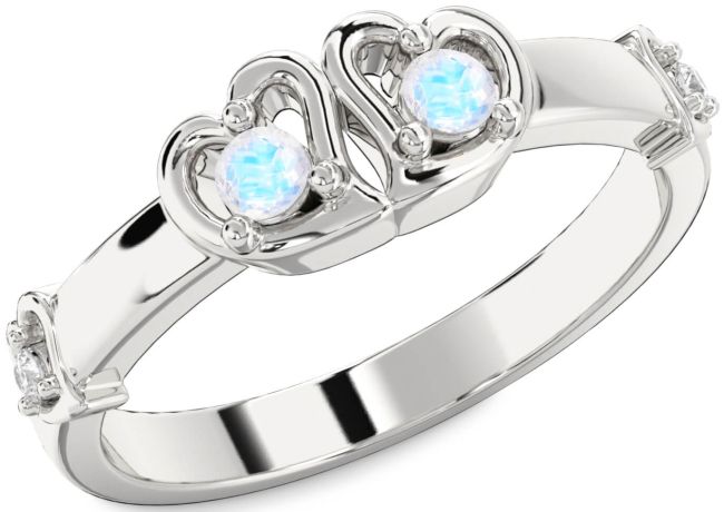 Diamond Moonstone Silver Heart Two Stone Ring