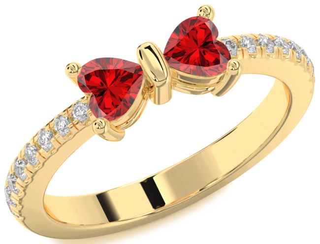 Diamond Ruby Gold Silver Bow Two Heart Birthstone Ring