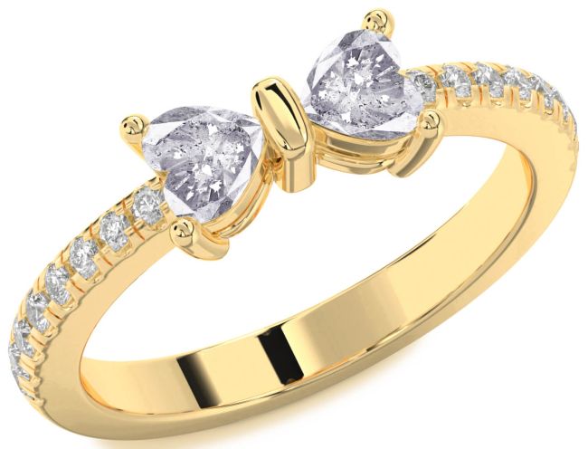 Salt & Pepper Diamond Gold Silver Bow Two Heart Ring