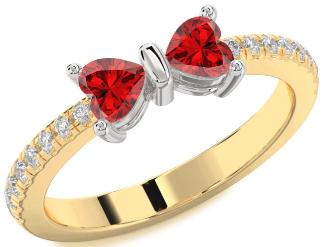 Diamond Ruby Gold Silver Bow Two Heart Birthstone Ring