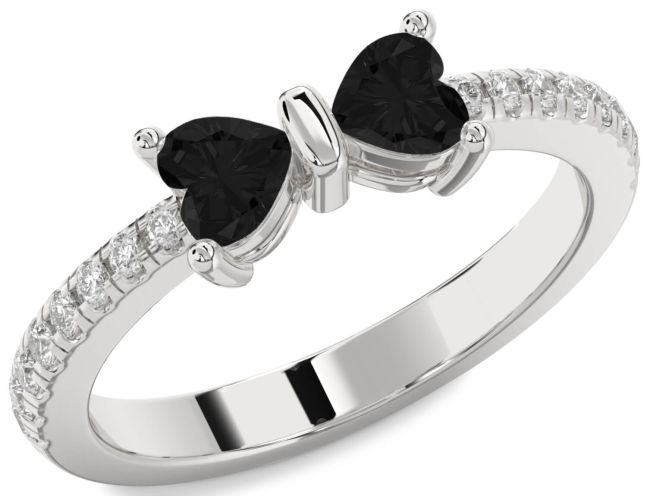 Black Diamond Silver Bow Two Heart Ring