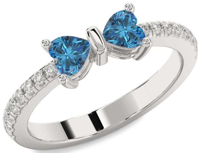 Blue Diamond Silver Bow Two Heart Ring