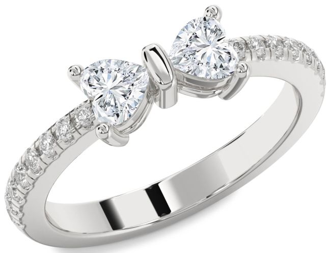 Diamond Silver Bow Two Heart Ring