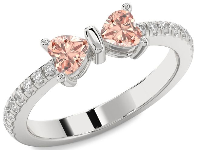 Diamond Morganite Silver Bow Two Heart Ring