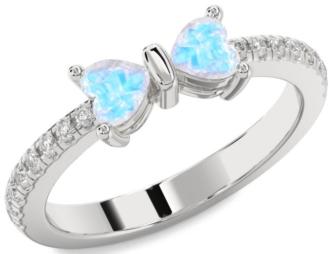 Diamond Moonstone Silver Bow Two Heart Ring