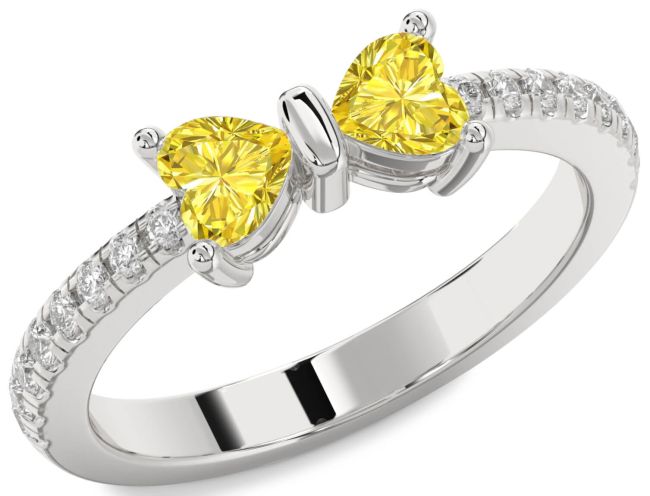 Yellow Diamond Silver Bow Two Heart Ring